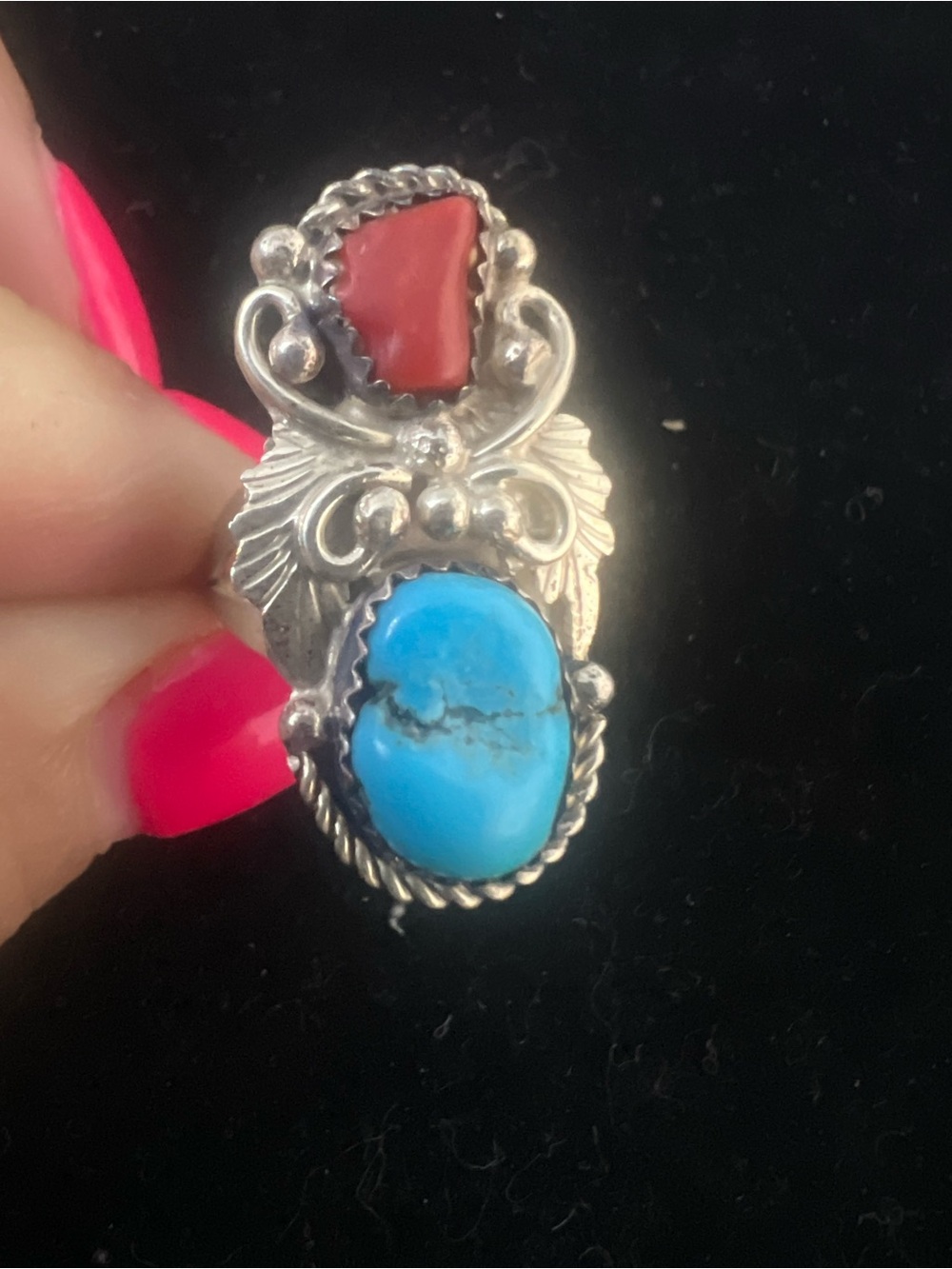 H. BEGAYE NATIVE STERLING SILVER TURQUOISE AND CORAL RING.  SIZE 7. Vintage
